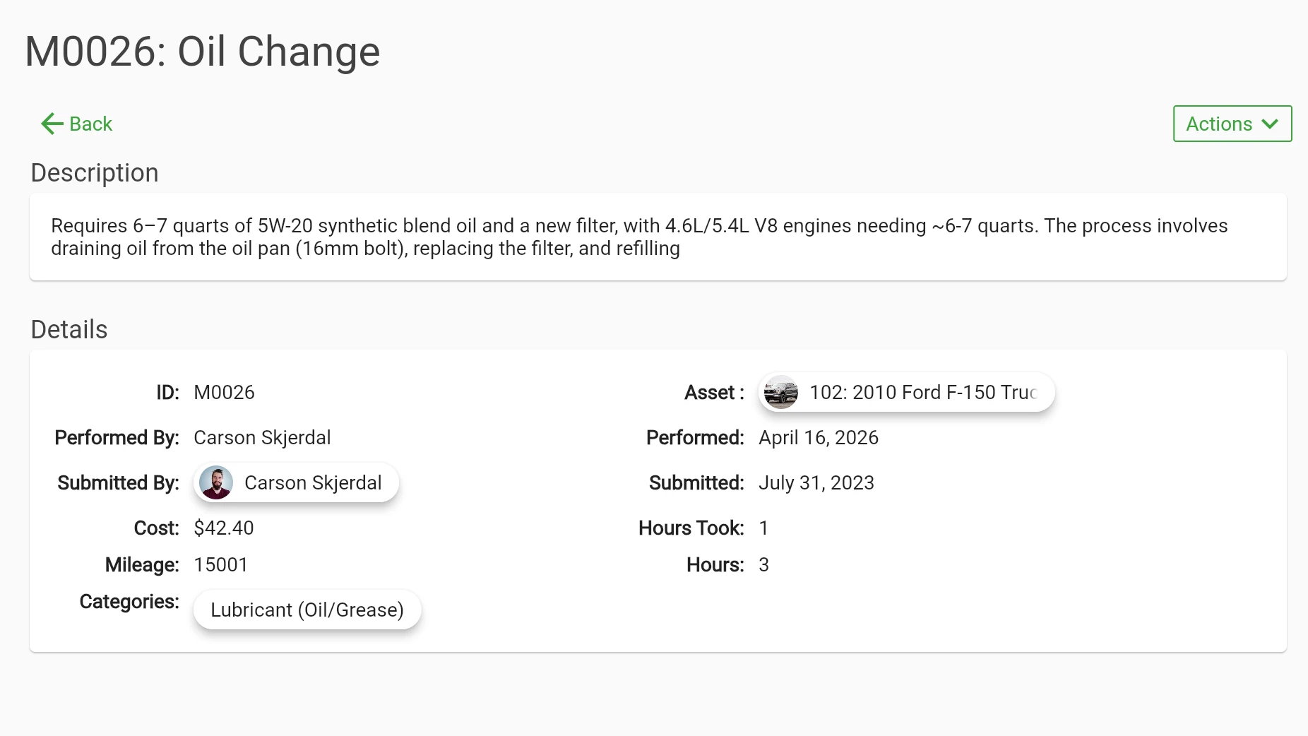 Asset Maintenance Log